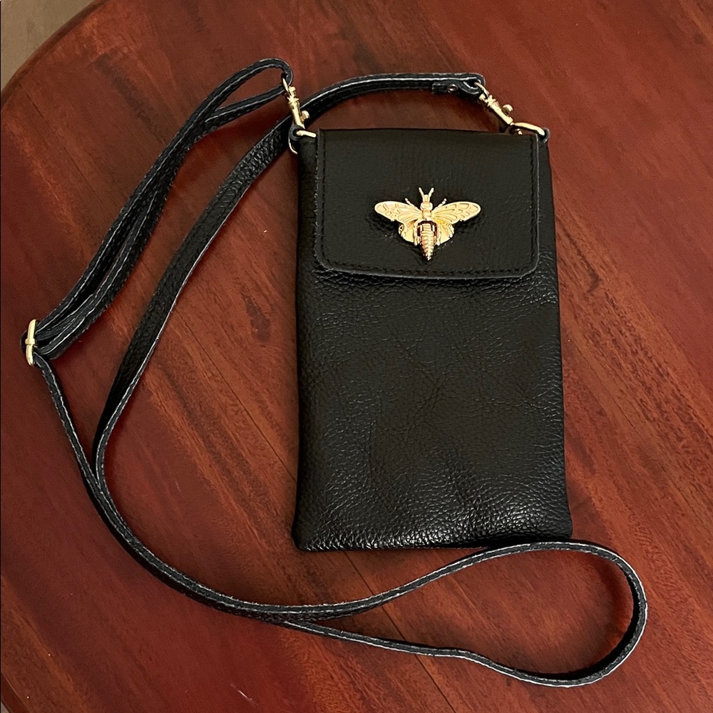 Genuine Italian Leather Black Crossbody Bag with Gold Bee Lock